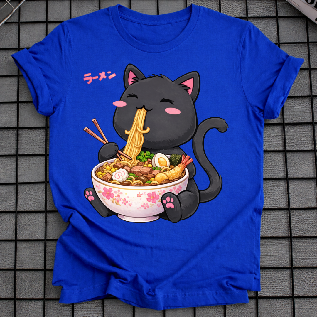 BLACK CAT EATING RAMEN T-SHIRT