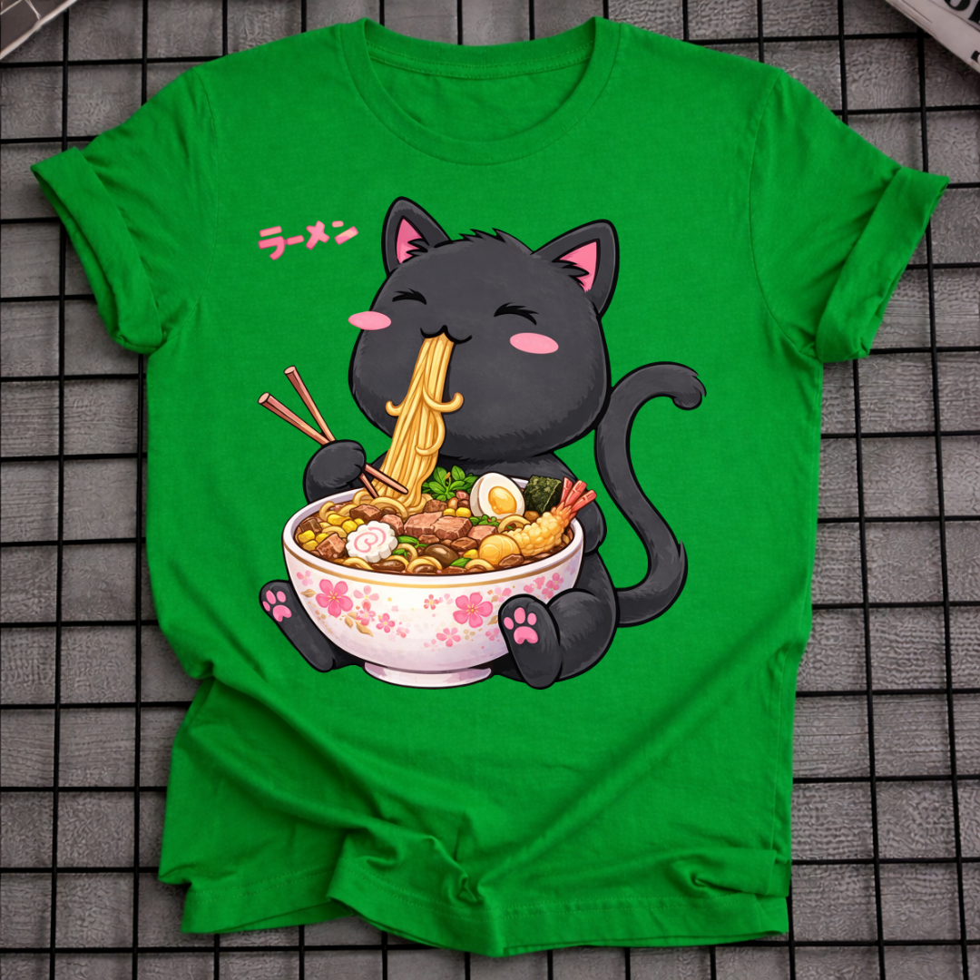 BLACK CAT EATING RAMEN T-SHIRT