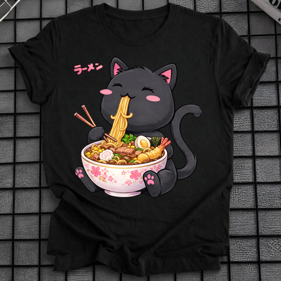 BLACK CAT EATING RAMEN T-SHIRT