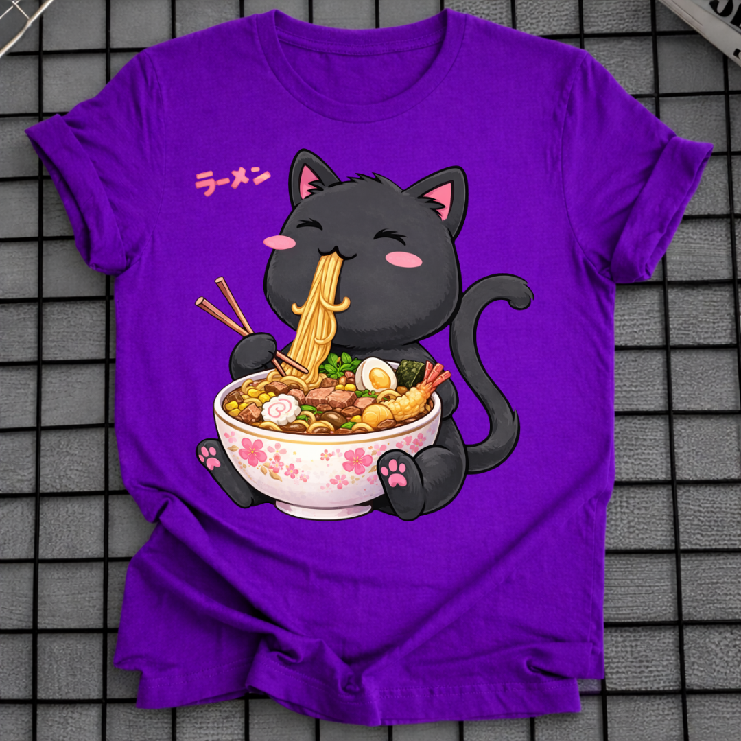 BLACK CAT EATING RAMEN T-SHIRT