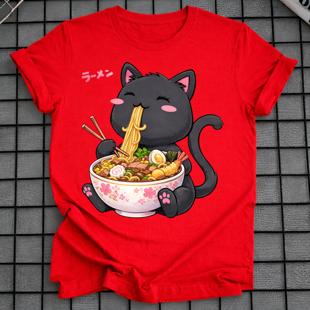 BLACK CAT EATING RAMEN T-SHIRT