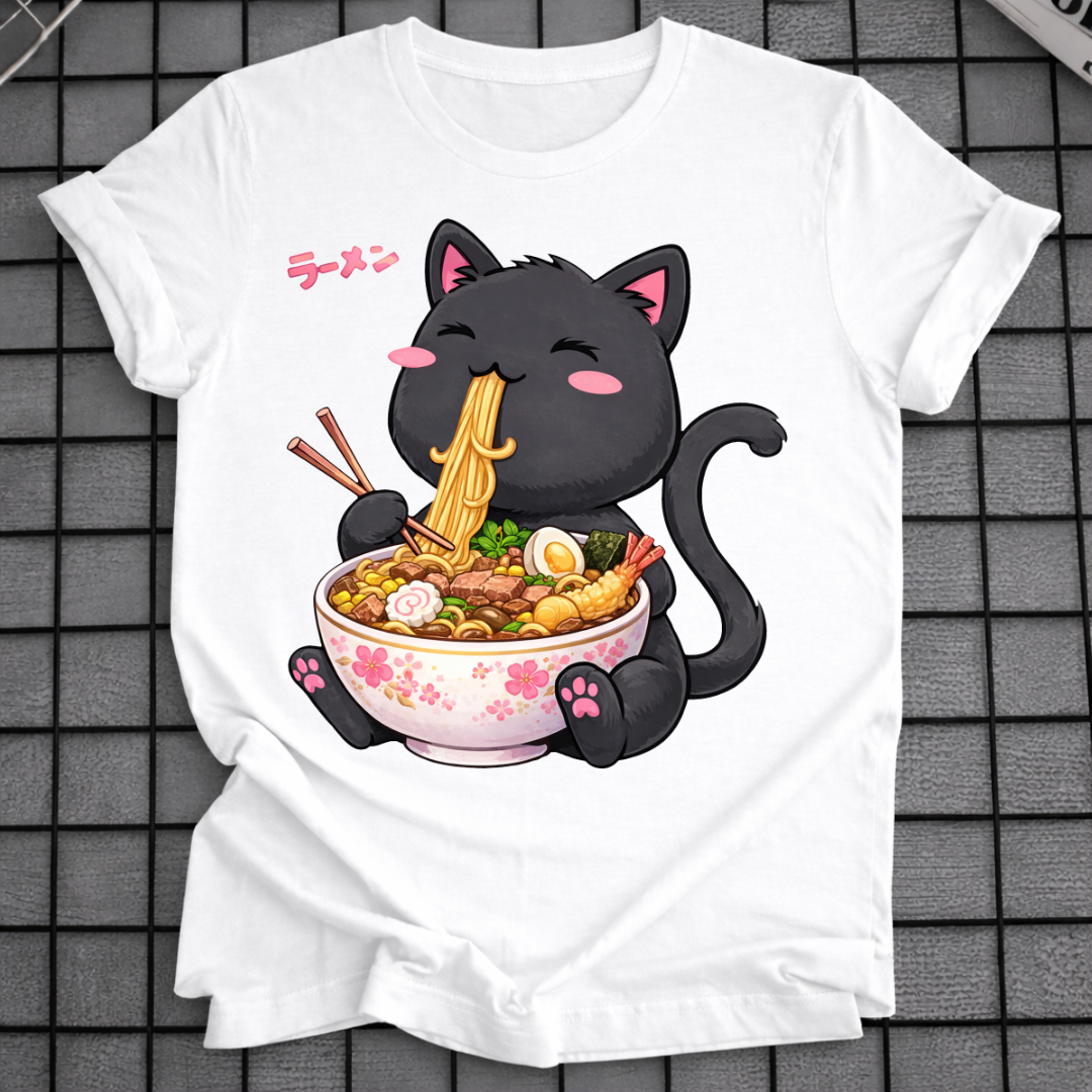 BLACK CAT EATING RAMEN T-SHIRT