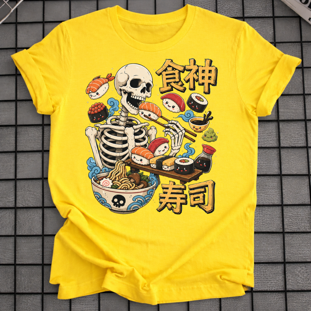 SKELETON EATING SUSHI T-SHIRT