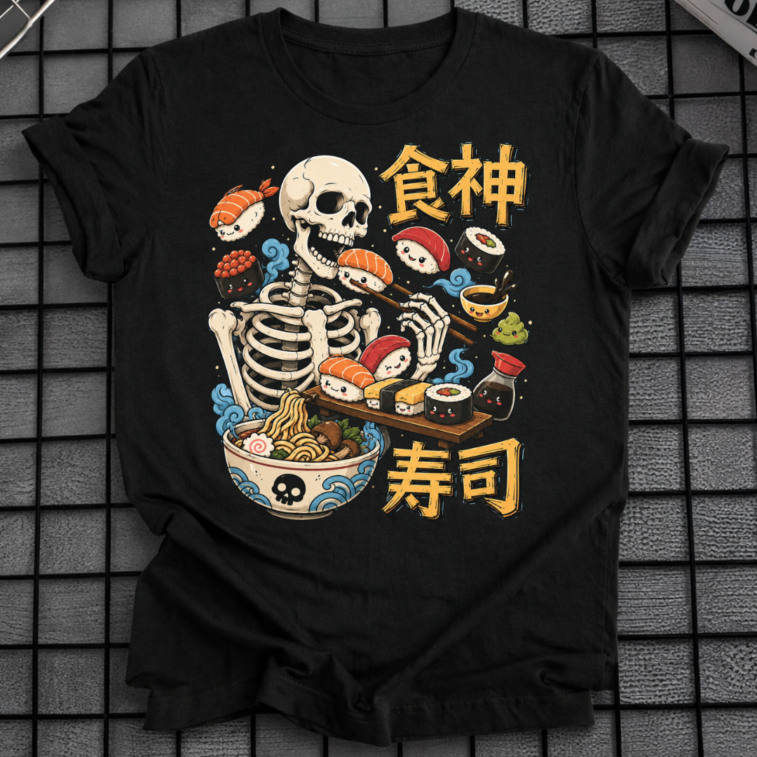SKELETON EATING SUSHI T-SHIRT