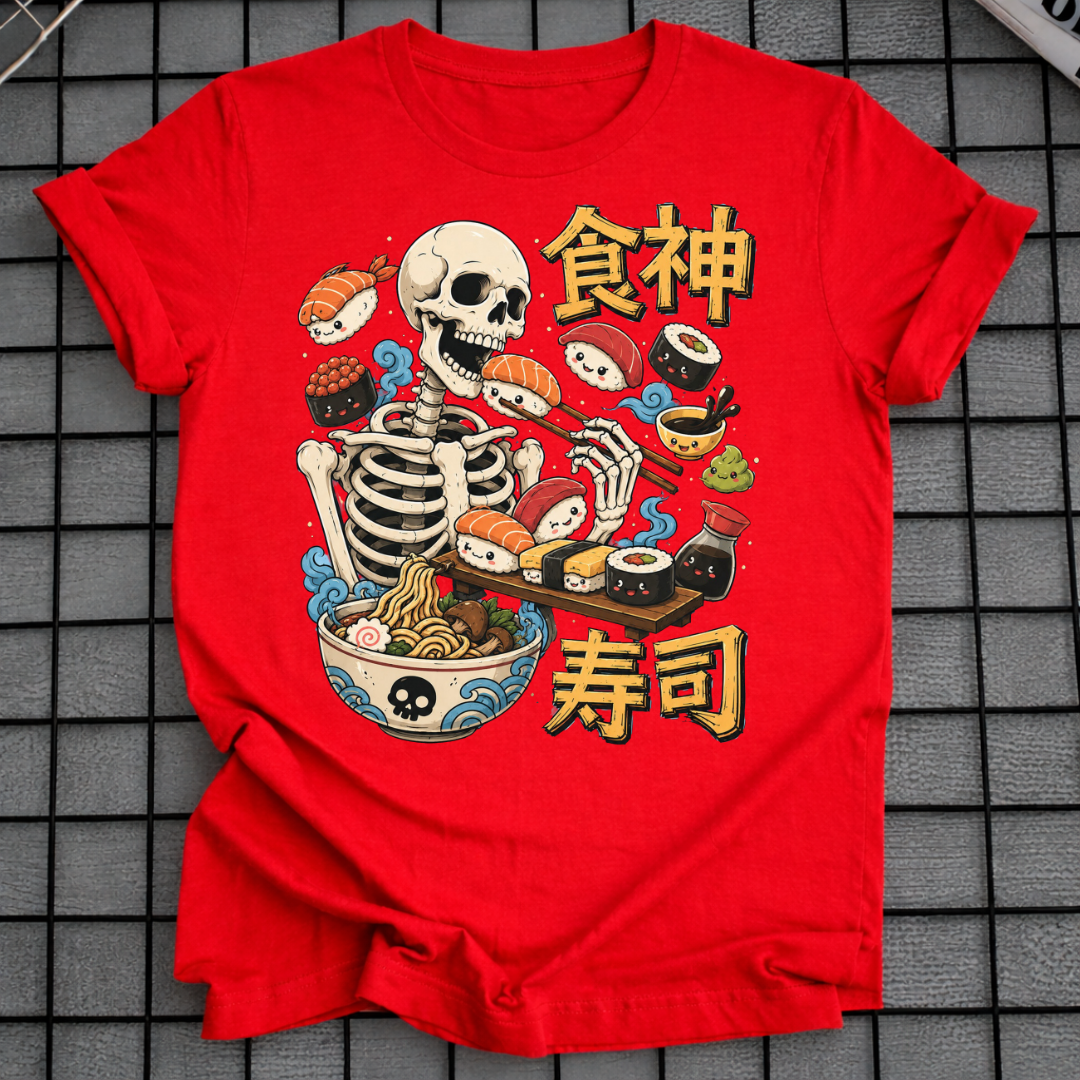 SKELETON EATING SUSHI T-SHIRT