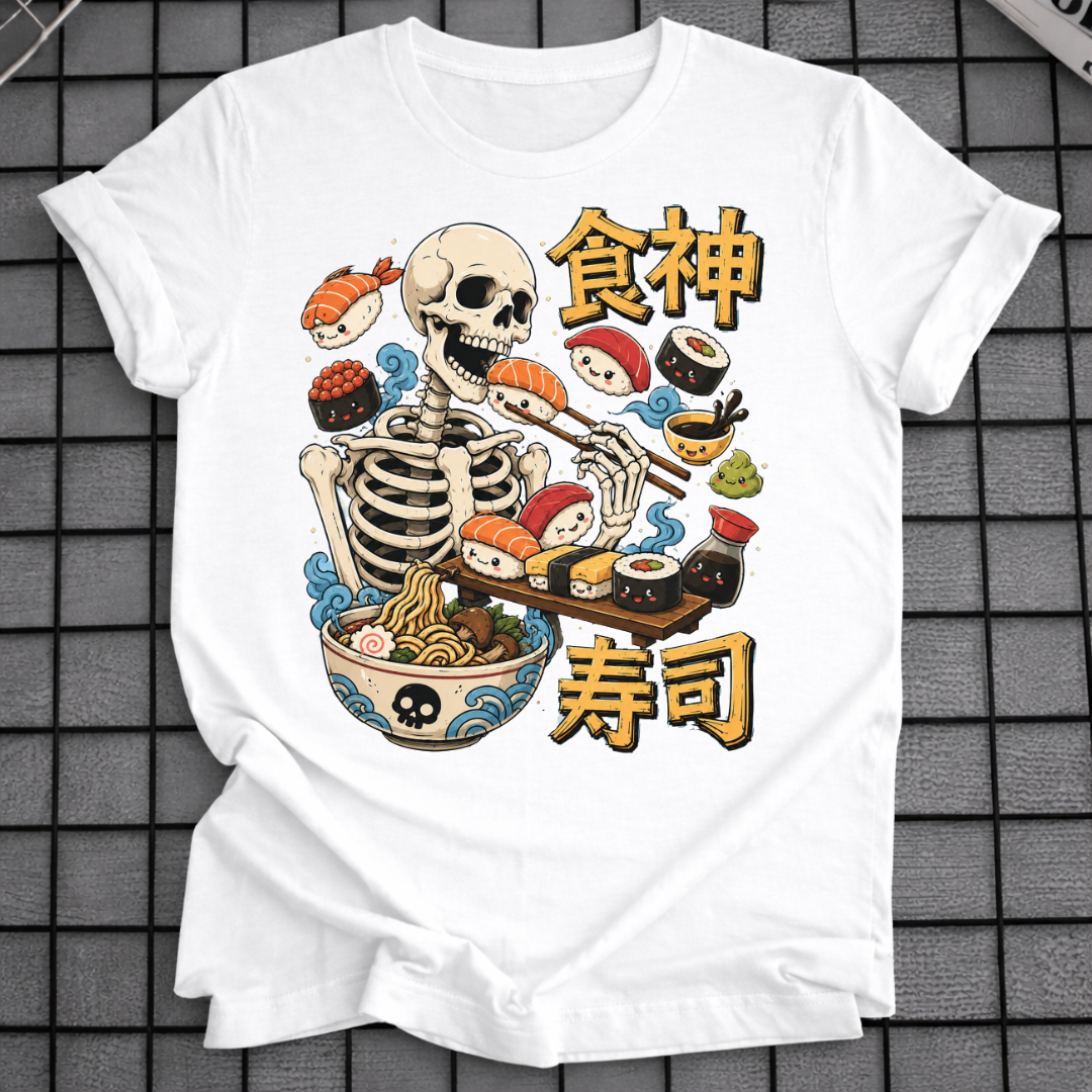 SKELETON EATING SUSHI T-SHIRT