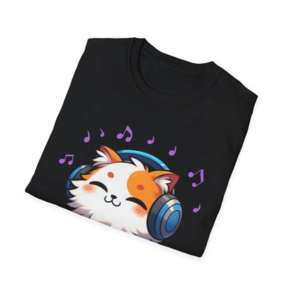 Cute Cat Music Lover T-Shirt - Unisex Softstyle Tee with Headphones and Musical Notes