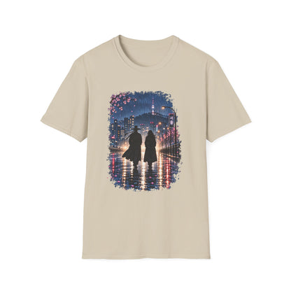 Romantic Night Stroll T-Shirt — Couple Silhouette Under Cherry Blossoms
