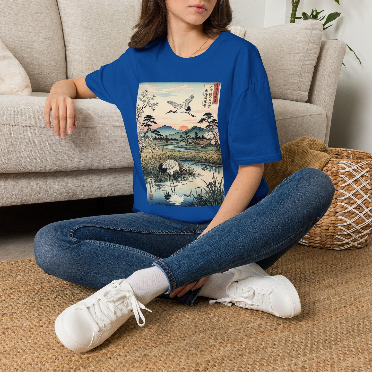 Japanese Crane Print T-Shirt — Vintage Ukiyo-e Landscape Tee