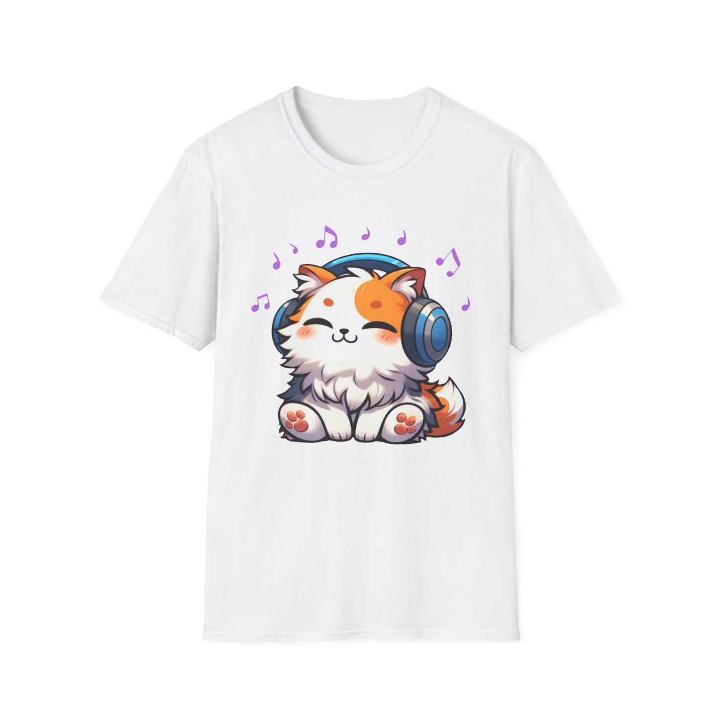 Cute Cat Music Lover T-Shirt - Unisex Softstyle Tee with Headphones and Musical Notes