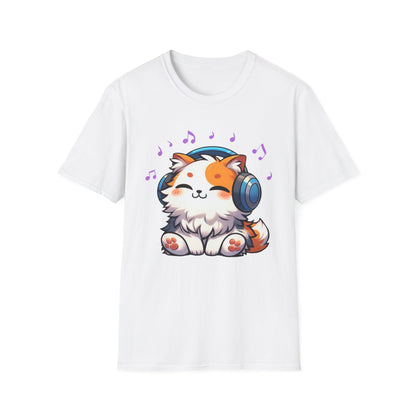 Cute Cat Music Lover T-Shirt - Unisex Softstyle Tee with Headphones and Musical Notes
