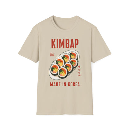 Kimbap T-Shirt — Retro Korean Food Graphic Tee ("KIMBAP" with Made in Korea Roll Art)