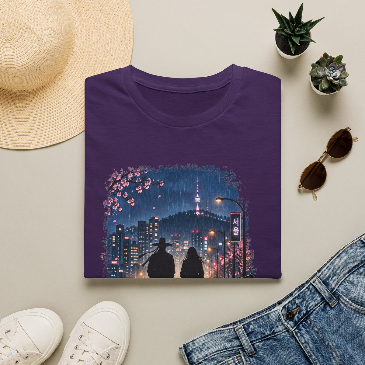 Romantic Night Stroll T-Shirt — Couple Silhouette Under Cherry Blossoms