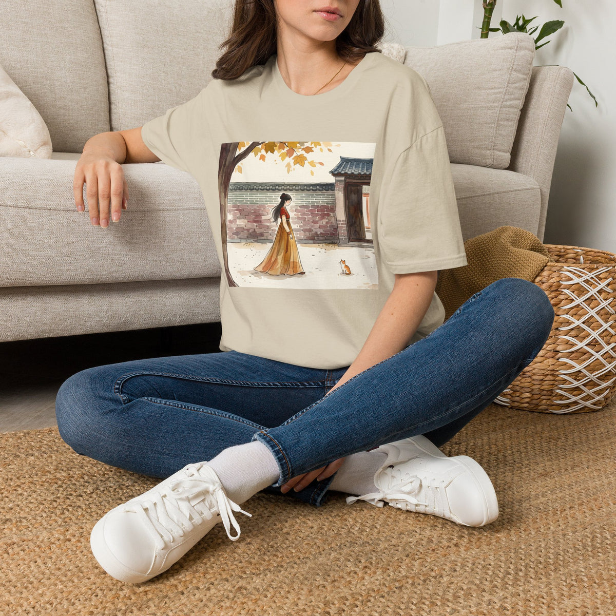 Autumn Stroll Tee — Woman in Traditional Dress Illustration