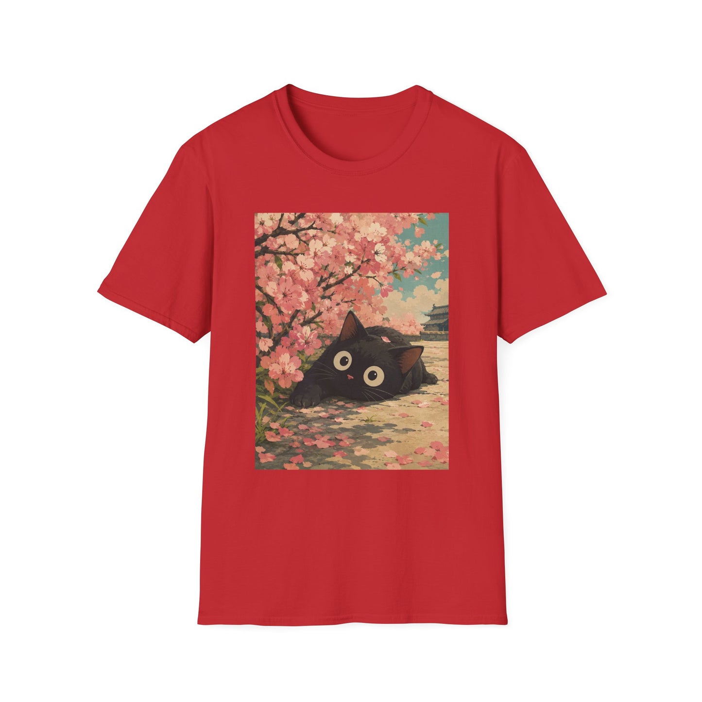 Cherry Blossom Cat T-Shirt — Cute Black Cat Under Sakura Scene