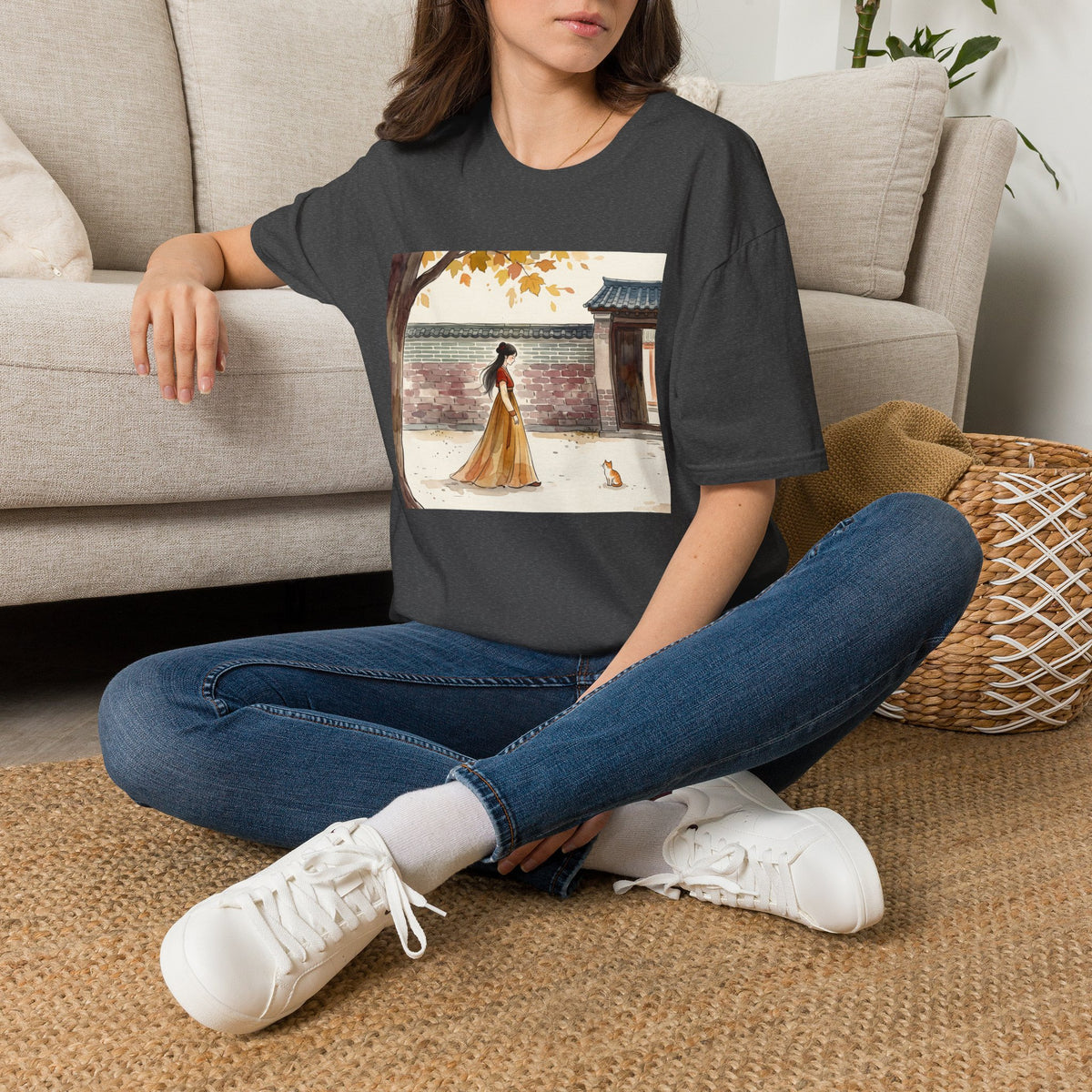 Autumn Stroll Tee — Woman in Traditional Dress Illustration