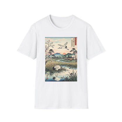 Japanese Crane Print T-Shirt — Vintage Ukiyo-e Landscape Tee