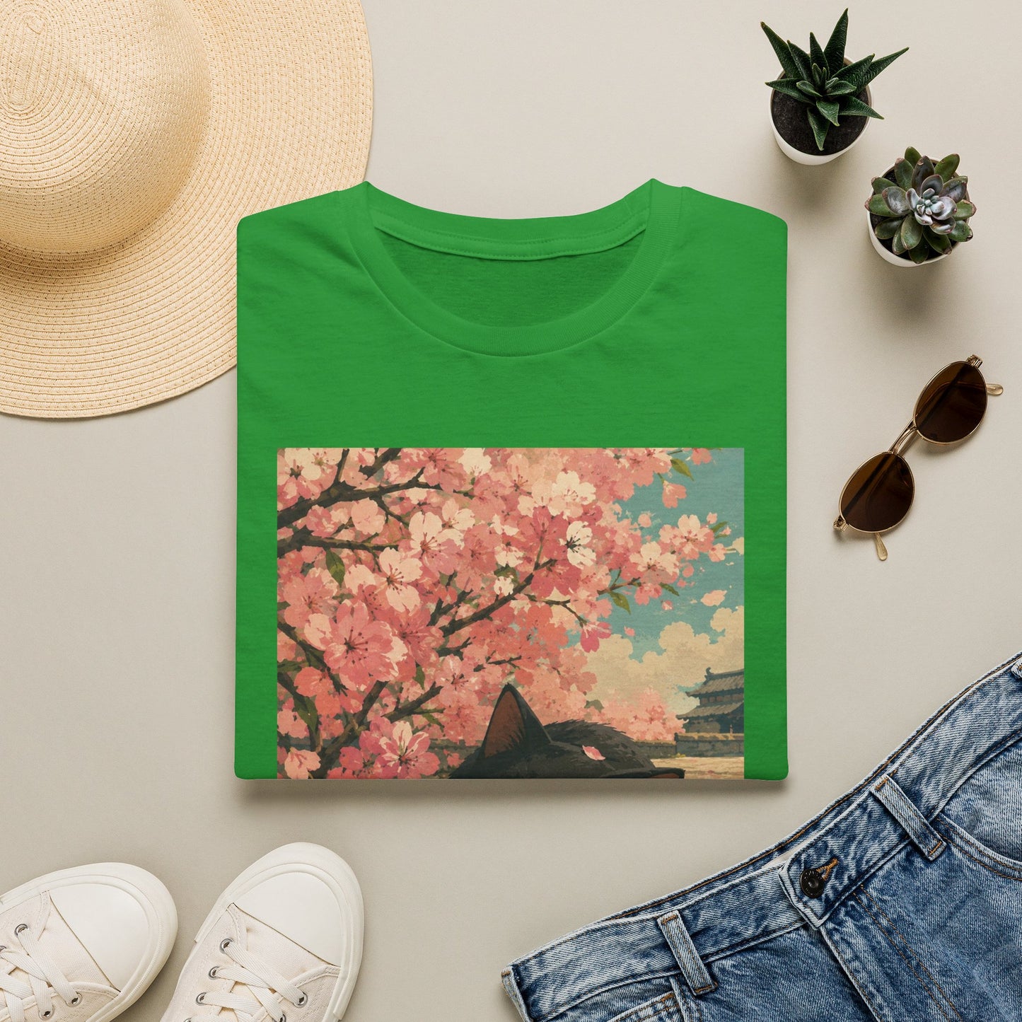 Cherry Blossom Cat T-Shirt — Cute Black Cat Under Sakura Scene