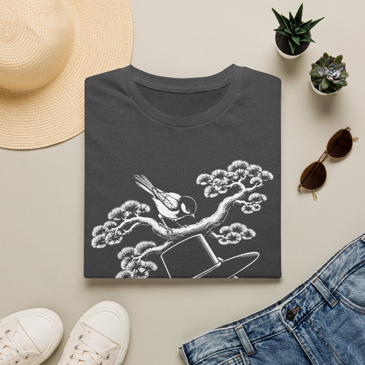 Cat in Top Hat T-Shirt — Whimsical Noir Cat & Bird Graphic Tee