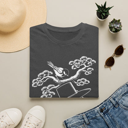 Cat in Top Hat T-Shirt — Whimsical Noir Cat & Bird Graphic Tee