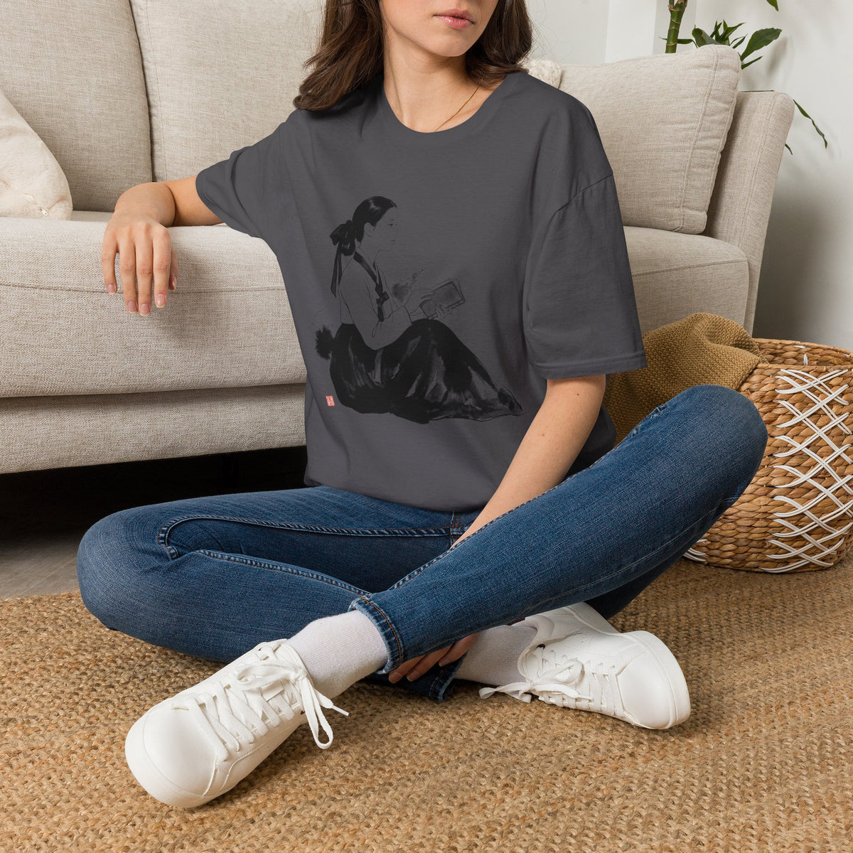 Vintage Korean Hanbok Reader T-Shirt — Gentle Ink Illustration Tee