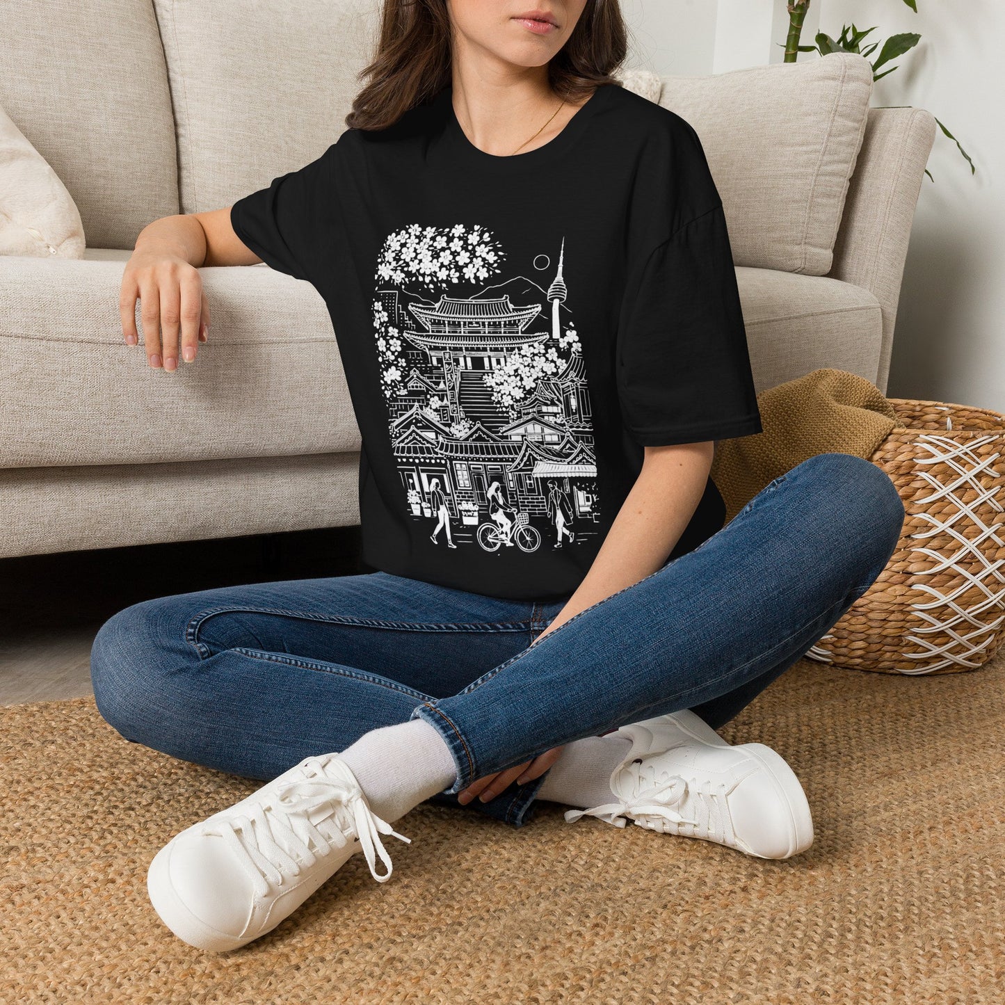 Korean Temple & Cherry Blossom T-Shirt — Seoul Pagoda Skyline Tee