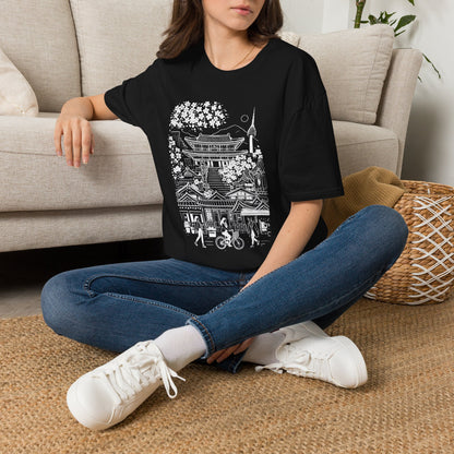 Korean Temple & Cherry Blossom T-Shirt — Seoul Pagoda Skyline Tee