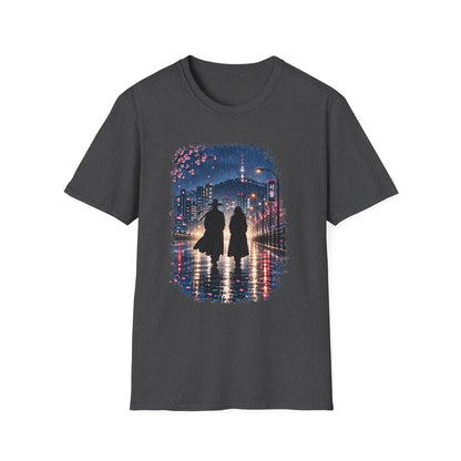 Romantic Night Stroll T-Shirt — Couple Silhouette Under Cherry Blossoms