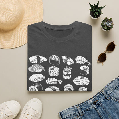 Sushi Pattern T-Shirt — White Hand-Drawn Sushi Icons Tee