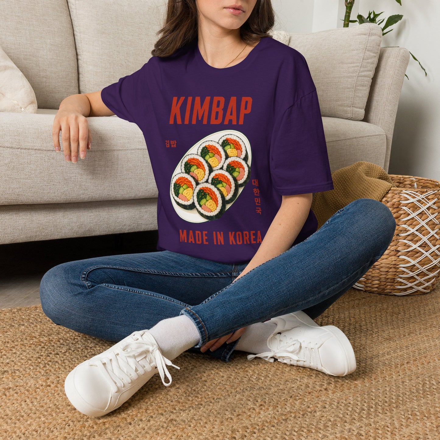 Kimbap T-Shirt — Retro Korean Food Graphic Tee ("KIMBAP" with Made in Korea Roll Art)