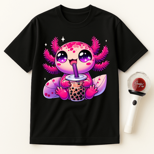 PINK AXOLOTL DRINKING BUBBLE TEA UNISEX T-SHIRT