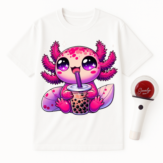PINK AXOLOTL DRINKING BUBBLE TEA UNISEX T-SHIRT