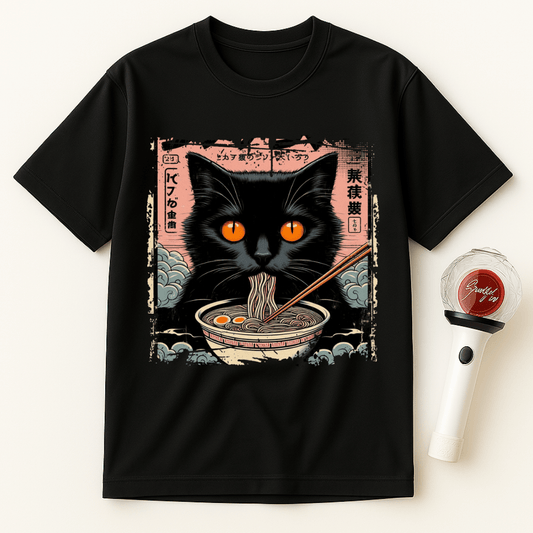 BLACK CAT EATS RAMEN JAPANESE UNISEX T-SHIRT