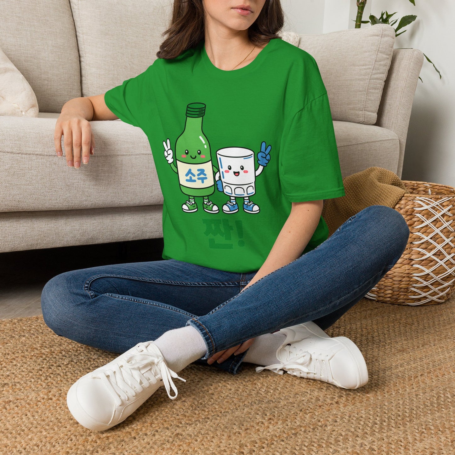 Soju & Shot Glass T‑Shirt — Cute Kawaii Cheers Design (짠!)