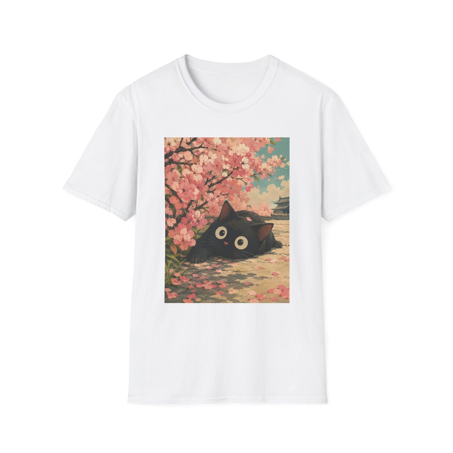 Cherry Blossom Cat T-Shirt — Cute Black Cat Under Sakura Scene