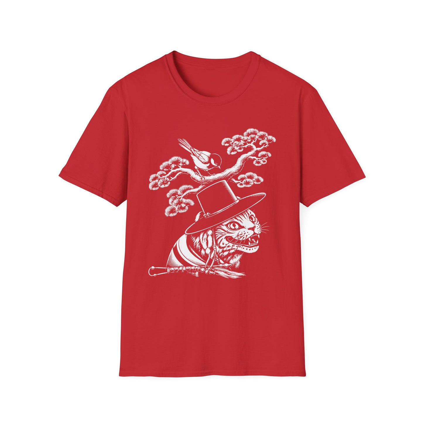 Cat in Top Hat T-Shirt — Whimsical Noir Cat & Bird Graphic Tee