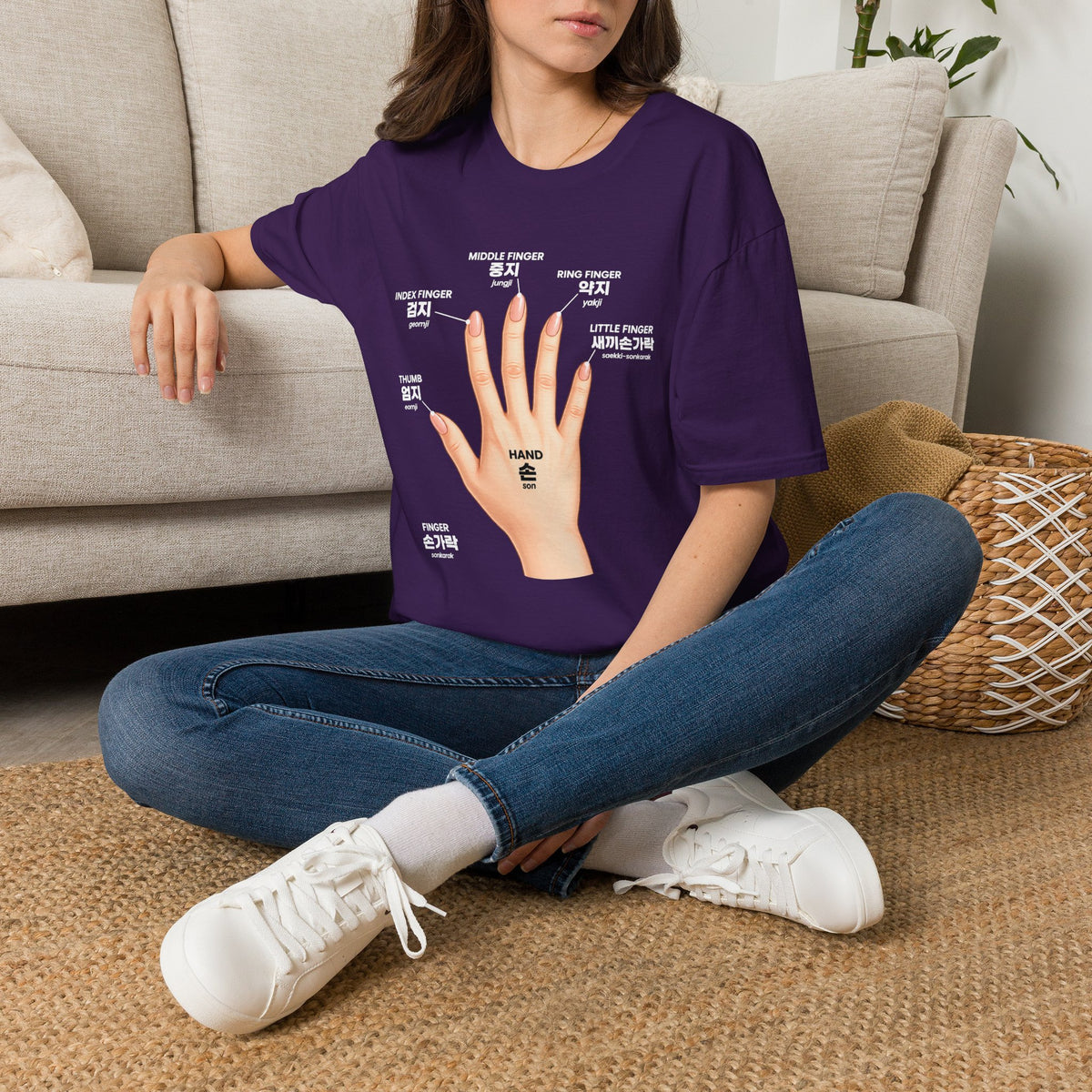 Korean Finger Labels T-Shirt — Hand Anatomy Graphic Tee (Index, Middle, Ring, Pinky, Thumb)