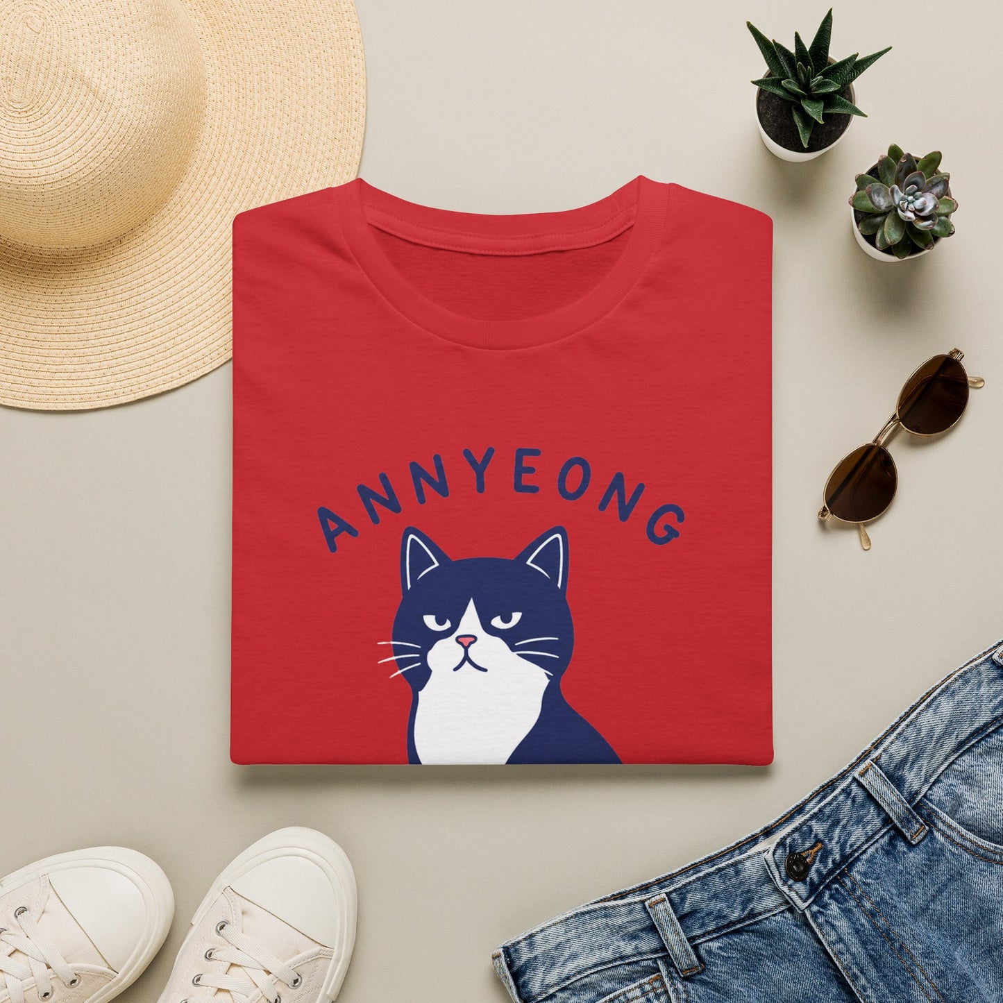 Annyeong Cat T-Shirt — Cute Korean Greeting Cat Graphic Tee ("Annyeong Meowseyo")