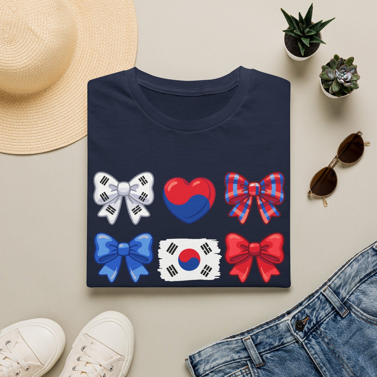 South Korea Bow Graphic T‑Shirt — Korean Flag Heart & Ribbon Design