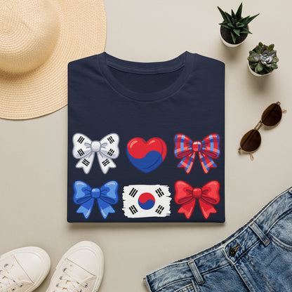 South Korea Bow Graphic T‑Shirt — Korean Flag Heart & Ribbon Design