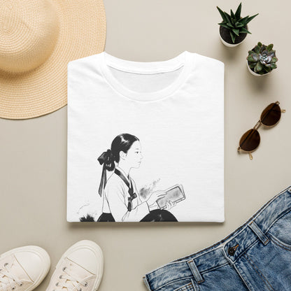 Vintage Korean Hanbok Reader T-Shirt — Gentle Ink Illustration Tee