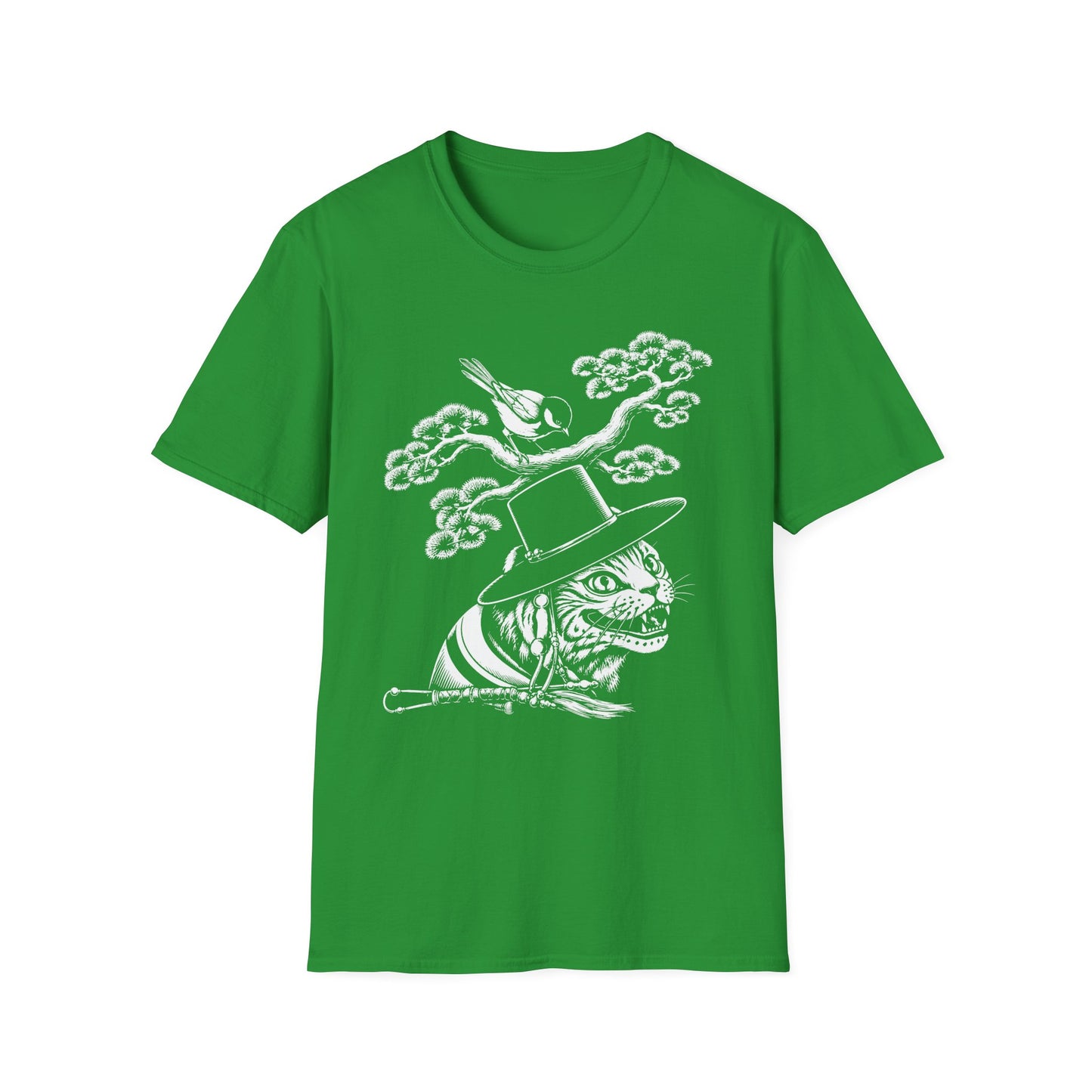 Cat in Top Hat T-Shirt — Whimsical Noir Cat & Bird Graphic Tee