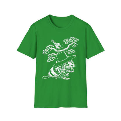 Cat in Top Hat T-Shirt — Whimsical Noir Cat & Bird Graphic Tee
