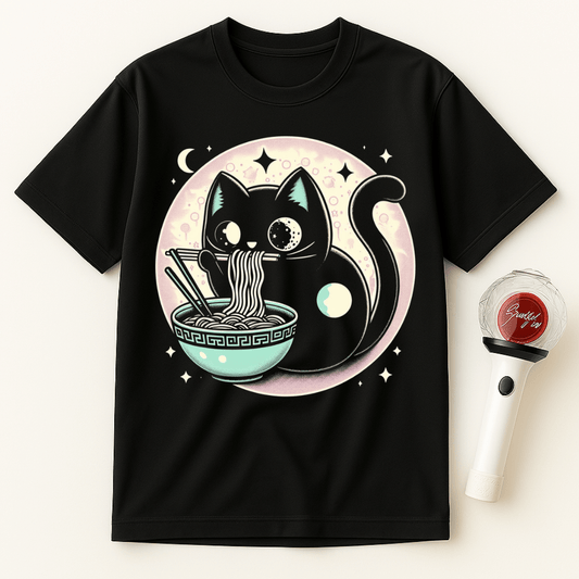 BLACK CAT EATING RAMEN MOONLIGHT UNISEX T-SHIRT
