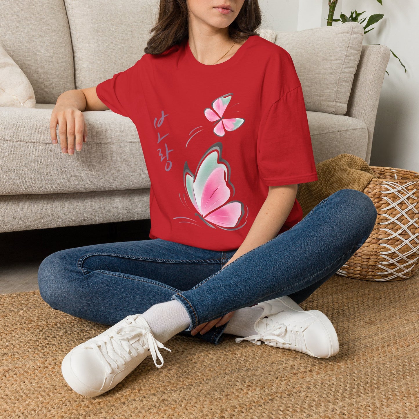 Butterfly Blossom T-Shirt — Korean Script Pink Watercolor Butterflies