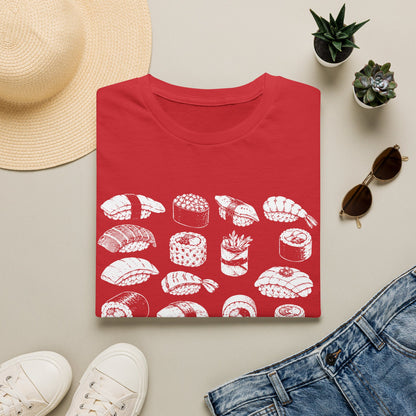 Sushi Pattern T-Shirt — White Hand-Drawn Sushi Icons Tee
