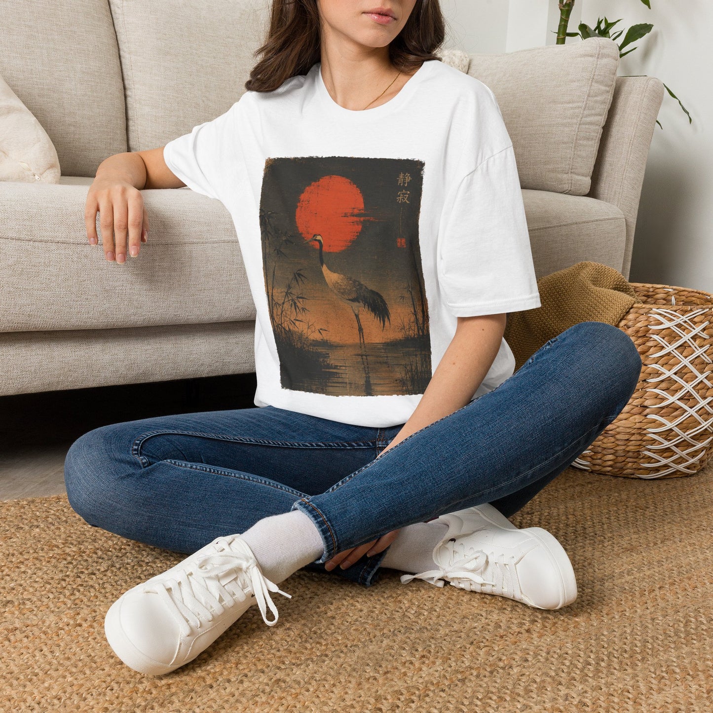 Crane & Red Sun T-Shirt — Japanese Vintage Sunset Tee