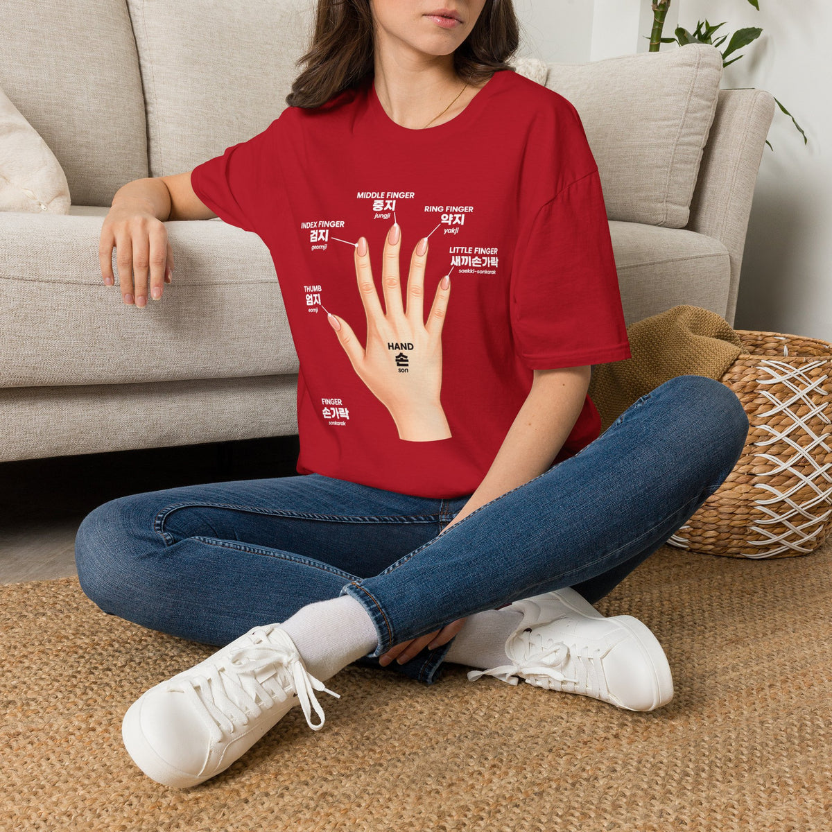 Korean Finger Labels T-Shirt — Hand Anatomy Graphic Tee (Index, Middle, Ring, Pinky, Thumb)