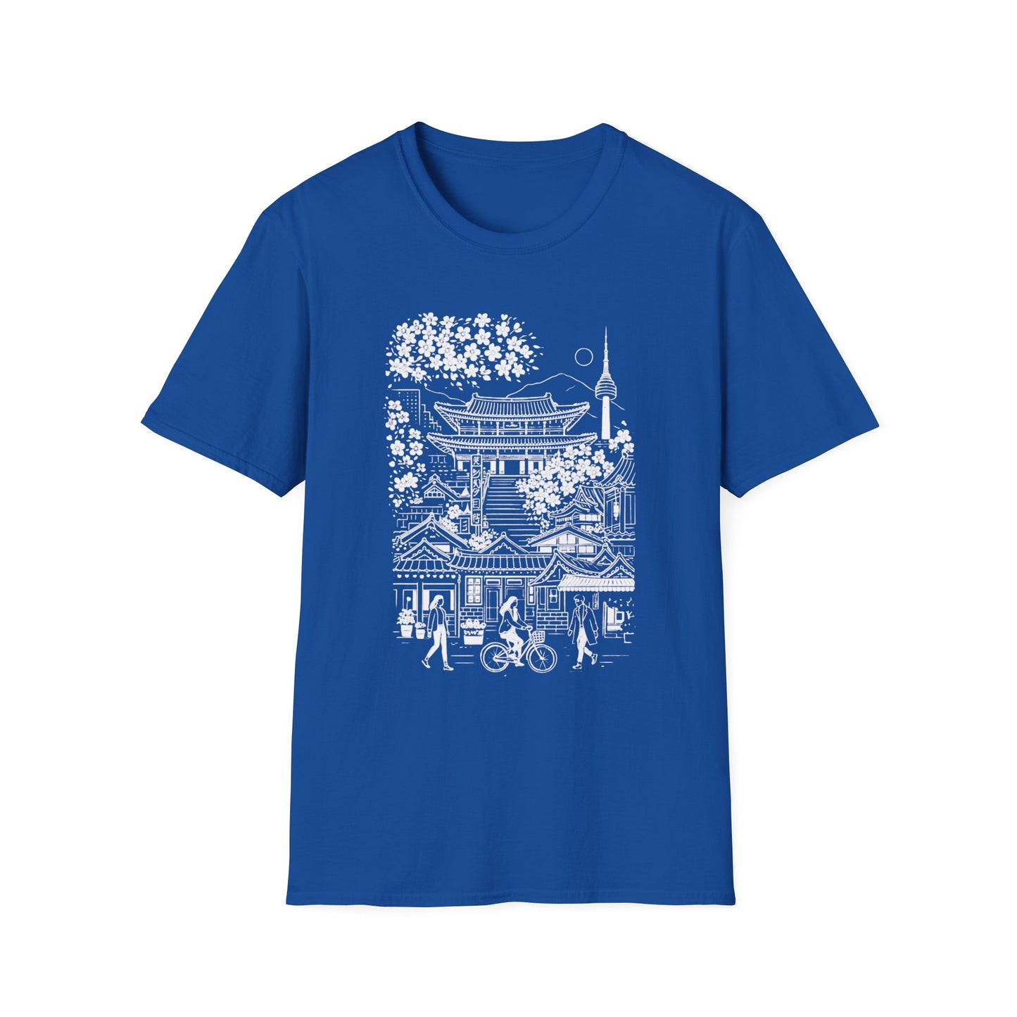 Korean Temple & Cherry Blossom T-Shirt — Seoul Pagoda Skyline Tee