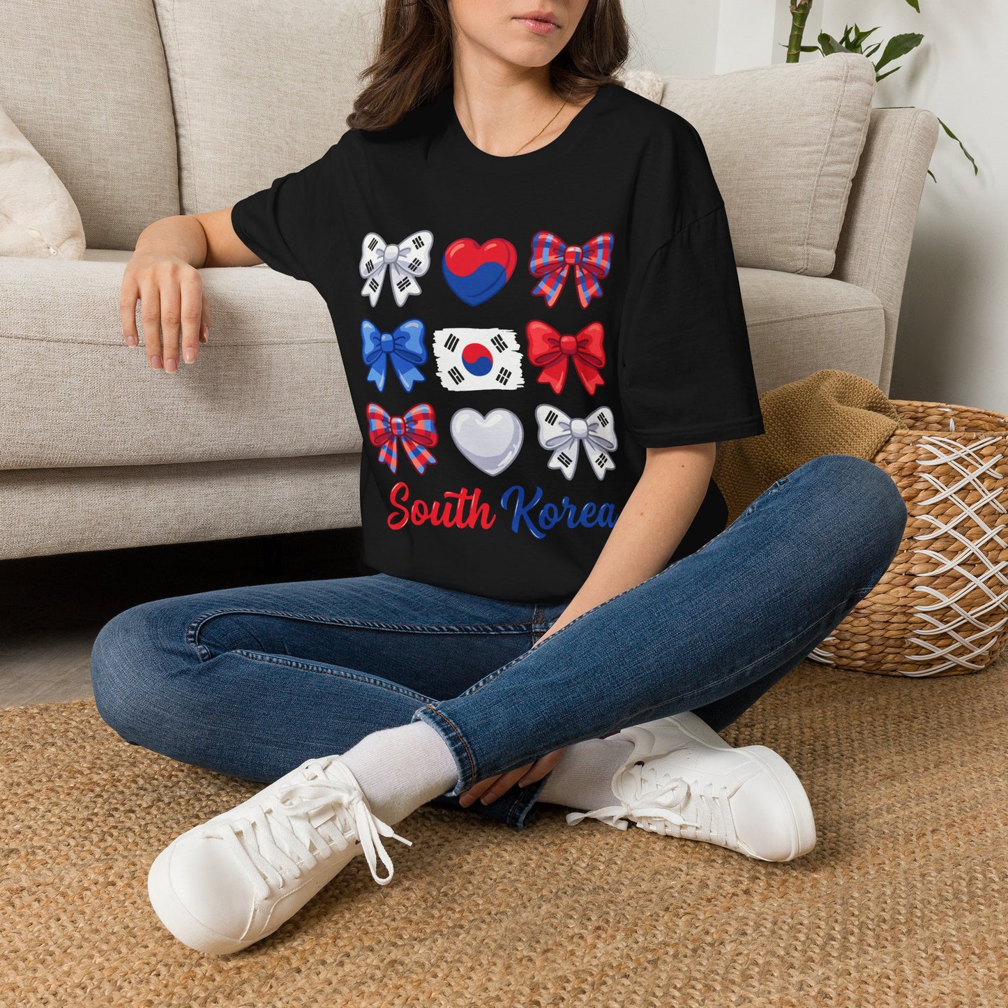 South Korea Bow Graphic T‑Shirt — Korean Flag Heart & Ribbon Design
